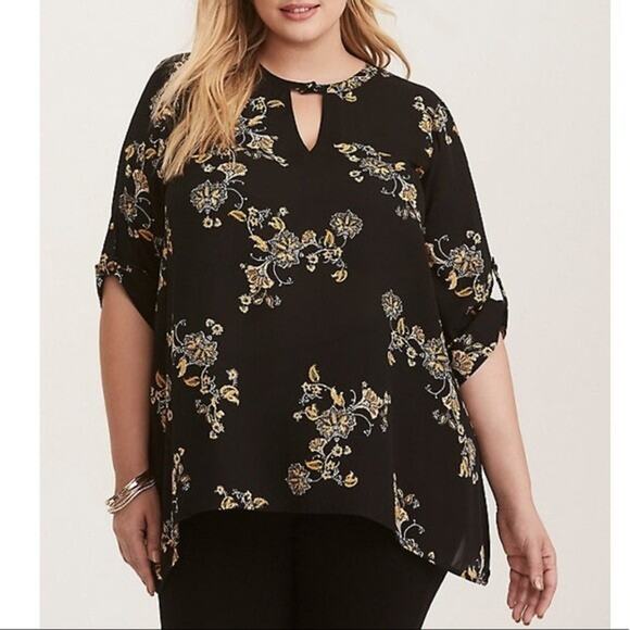 Torrid Georgette Keyhole Neck Sheer Top Floral Tunic Size 1X Flowy Office Black - Picture 1 of 8